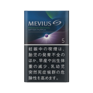 MEVIUS Premium Menthol Option Purple 5 cigarettes pack with dark blue and purple design, Japanese menthol cigarette product