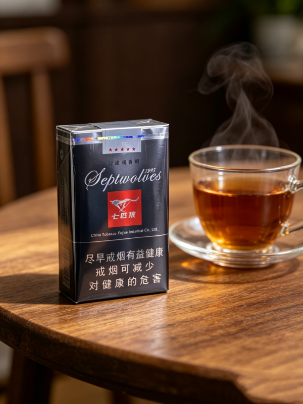 Septwolves Black Cigarettes pack featuring Seven Wolves China Tobacco design, premium filter cigarettes with black packaging and Chinese tobacco branding