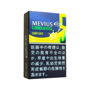 MEVIUS E-Series Menthol Sunny Gold 5 cigarettes pack, Japanese menthol tobacco cigarette product with yellow and blue packaging