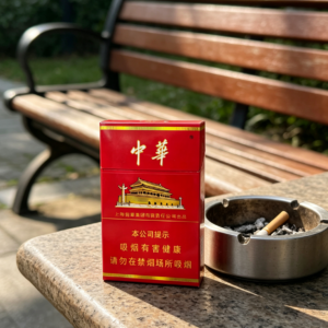 Chunghwa Hard Pack Chinese cigarette pack on wooden table beside hot tea cup premium red tobacco packaging lifestyle scene