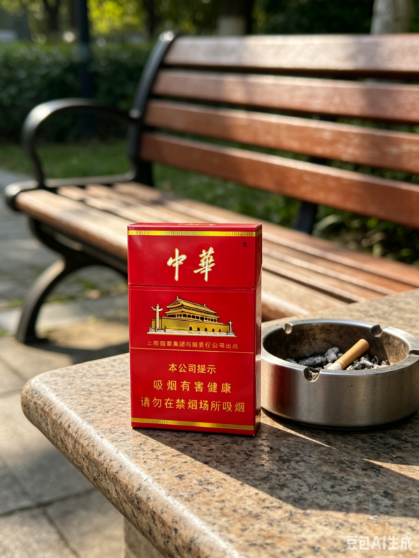 Chunghwa Hard Pack Chinese cigarette pack on wooden table beside hot tea cup premium red tobacco packaging lifestyle scene