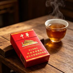 Chunghwa Hard Pack Chinese cigarette pack on wooden table beside hot tea cup premium red tobacco packaging lifestyle scene