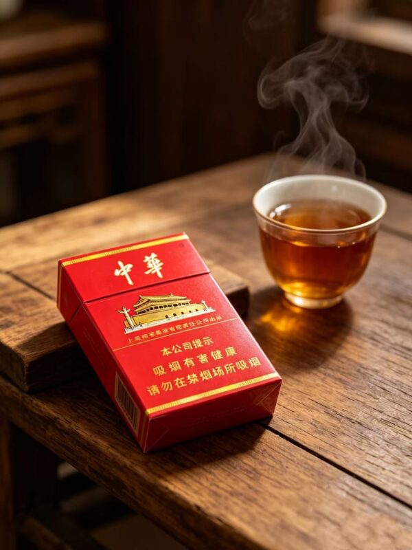 Chunghwa Hard Pack Chinese cigarette pack on wooden table beside hot tea cup premium red tobacco packaging lifestyle scene