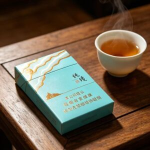 Chun Jing Seven Wolves cigarettes pack with turquoise blue and gold traditional Chinese design, premium imported Chinese tobacco product