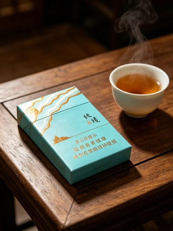 Chun Jing Seven Wolves cigarettes pack with turquoise blue and gold traditional Chinese design, premium imported Chinese tobacco product