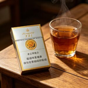 Furongwang White Pack Chinese cigarette pack on wooden table beside tea glass premium white and gold tobacco packaging