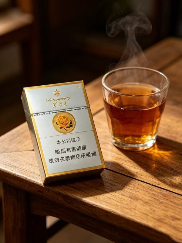 Furongwang White Pack Chinese cigarette pack on wooden table beside tea glass premium white and gold tobacco packaging