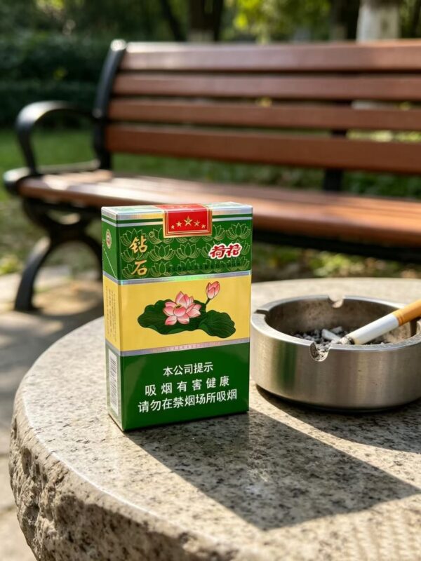Lotus Flower Green cigarettes pack with traditional Chinese floral design, green and yellow packaging displayed on wooden table