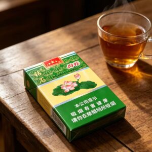 Lotus Flower Green cigarettes pack with traditional Chinese floral design, green and yellow packaging displayed on wooden table