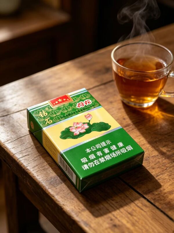 Lotus Flower Green cigarettes pack with traditional Chinese floral design, green and yellow packaging displayed on wooden table