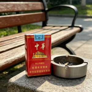 Chunghwa Hard Pack Chinese cigarette pack on outdoor stone table next to metal ashtray and park bench premium red tobacco packaging