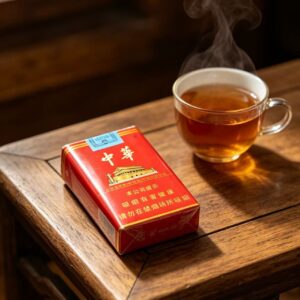 Chunghwa Hard Pack Chinese cigarette pack on wooden table beside tea cup premium red tobacco packaging