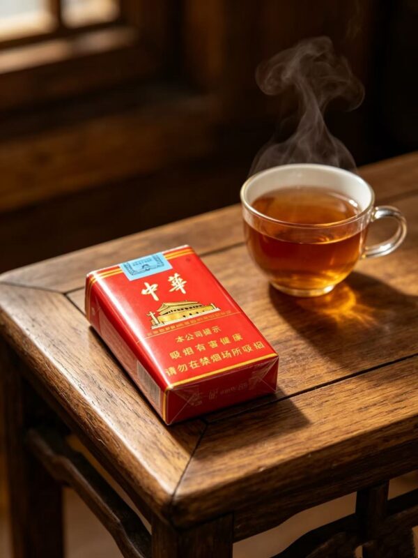 Chunghwa Hard Pack Chinese cigarette pack on wooden table beside tea cup premium red tobacco packaging