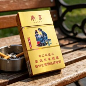 Nanjing Gold cigarettes pack with traditional Chinese artwork and golden packaging, displayed on a wooden bench outdoor setting