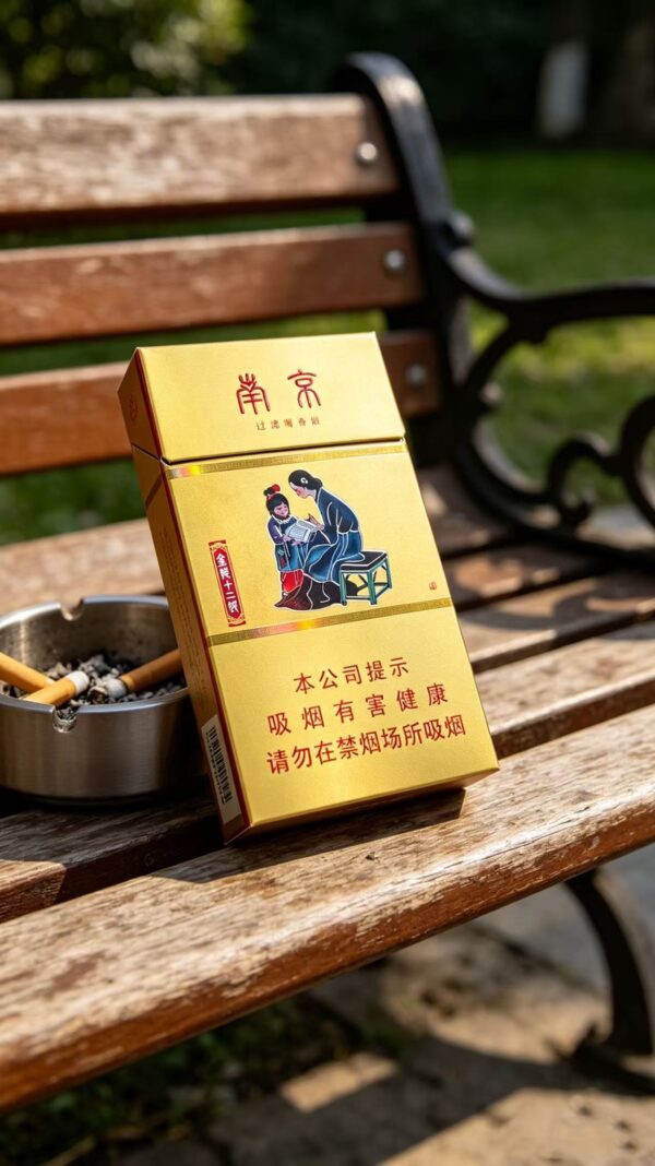 Nanjing Gold cigarettes pack with traditional Chinese artwork and golden packaging, displayed on a wooden bench outdoor setting