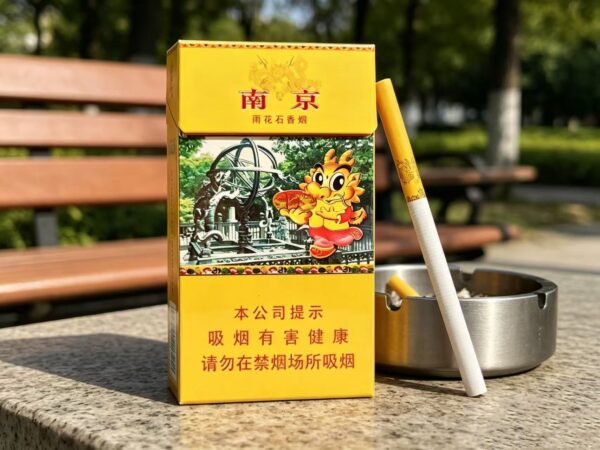 Nanjing Yuhua Stone Chinese cigarette pack with slim cigarette on wooden table and tea cup premium yellow tobacco packaging