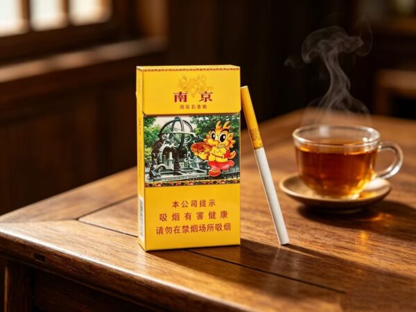 Nanjing Yuhua Stone Chinese cigarette pack with slim cigarette on wooden table and tea cup premium yellow tobacco packaging