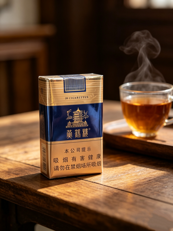 Yellow Crane Tower Blue Pack Chinese cigarette pack on wooden table with tea cup premium blue and gold tobacco packaging